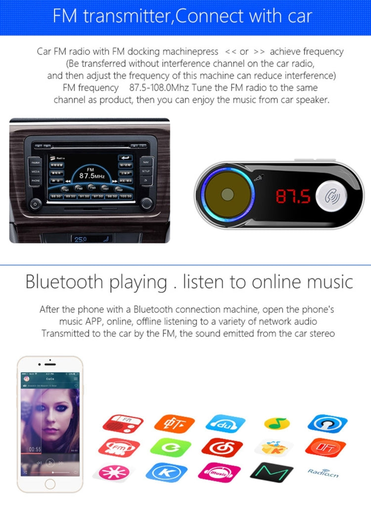 BC09B Dual USB Car Charger Cigarette Lighter Socket Bluetooth FM Transmitter Kit, Support LCD Display / TF Card Music Play / Hands-free