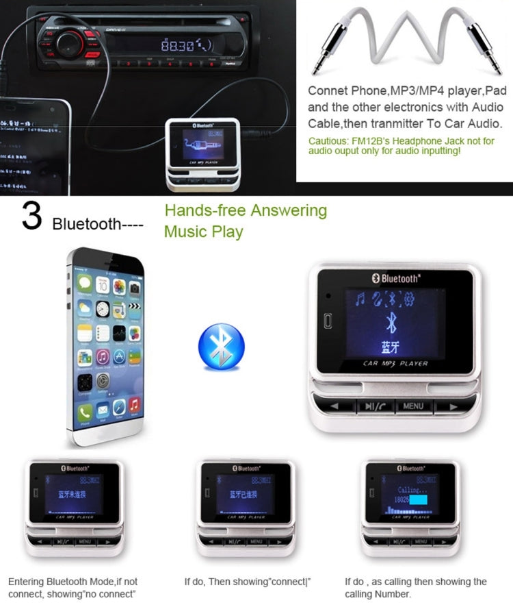 FM12B Car Bluetooth FM Transmitter with Remote Control, Support USB / TF Card / MP3 Music Play