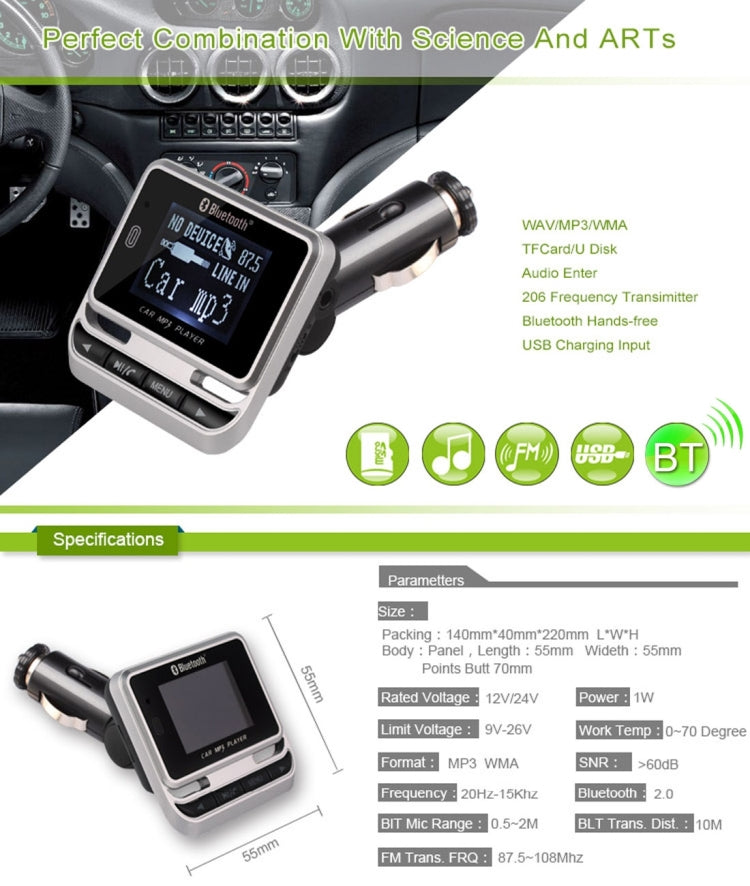 FM12B Car Bluetooth FM Transmitter with Remote Control, Support USB / TF Card / MP3 Music Play
