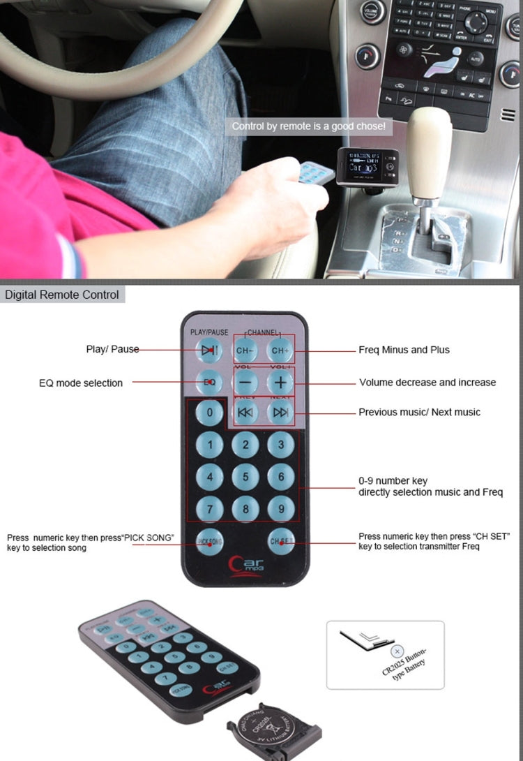 FM18A Car MP3 FM Transmitter with Remote Control, Support LCD Display / USB / SD/MMC Card / AUX
