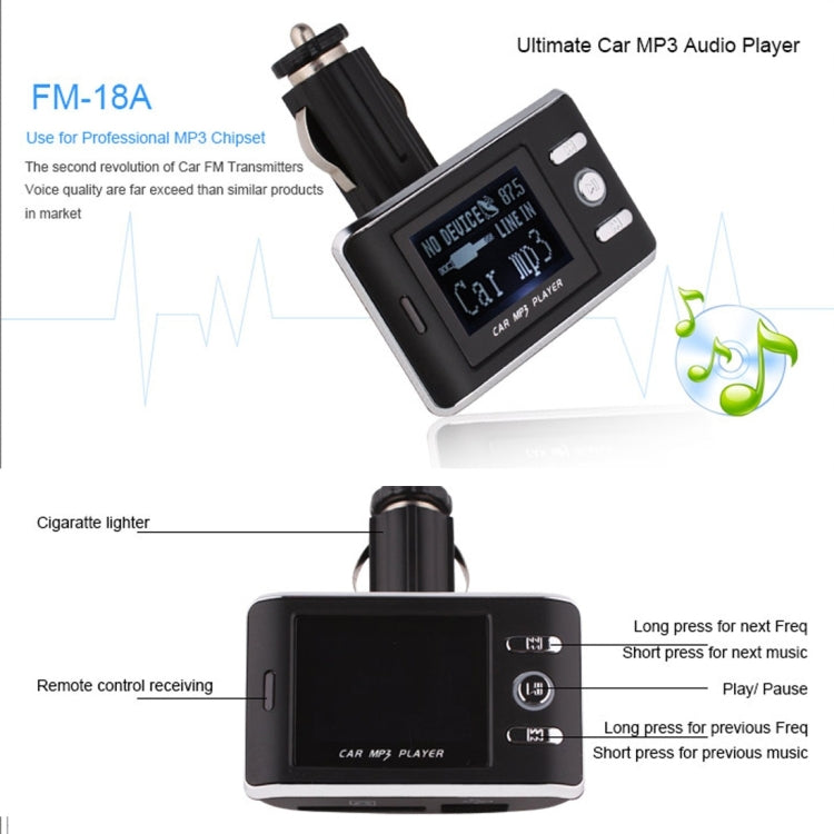 FM18A Car MP3 FM Transmitter with Remote Control, Support LCD Display / USB / SD/MMC Card / AUX