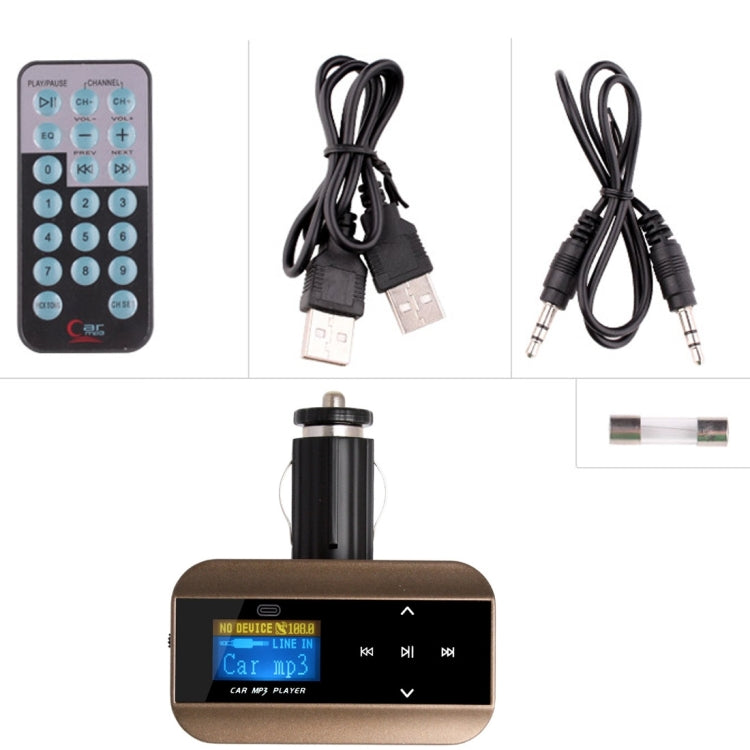 FM30B Car MP3 FM Transmitter with Remote Control, Support LCD Display / USB / SD/MMC Card / AUX(Gold)