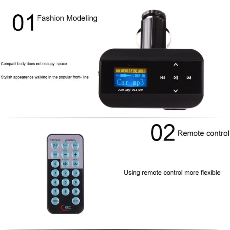 FM30B Car MP3 FM Transmitter with Remote Control, Support LCD Display / USB / SD/MMC Card / AUX(Gold)
