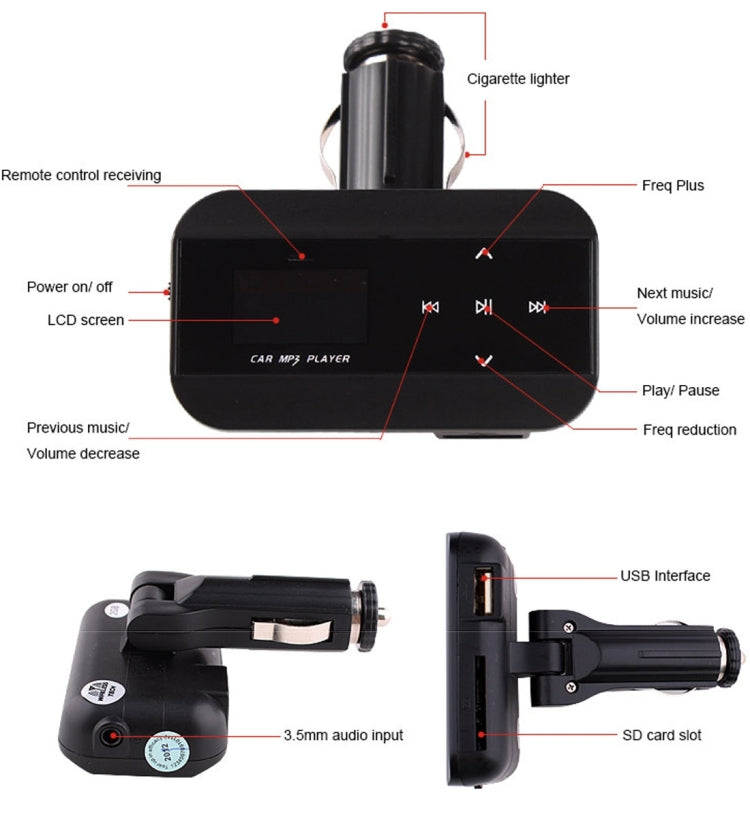 FM30B Car MP3 FM Transmitter with Remote Control, Support LCD Display / USB / SD/MMC Card / AUX(Gold)