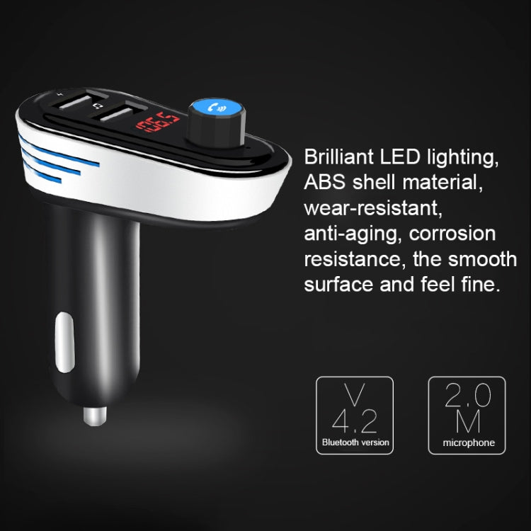 AP02 Car Bluetooth V4.2 MP3 Player FM Transmitter 5V 3.1A Output Dual USB Ports Car Charger with LED Light, Built-in Mic, Support U-disk & Hands-free / Answer Calls
