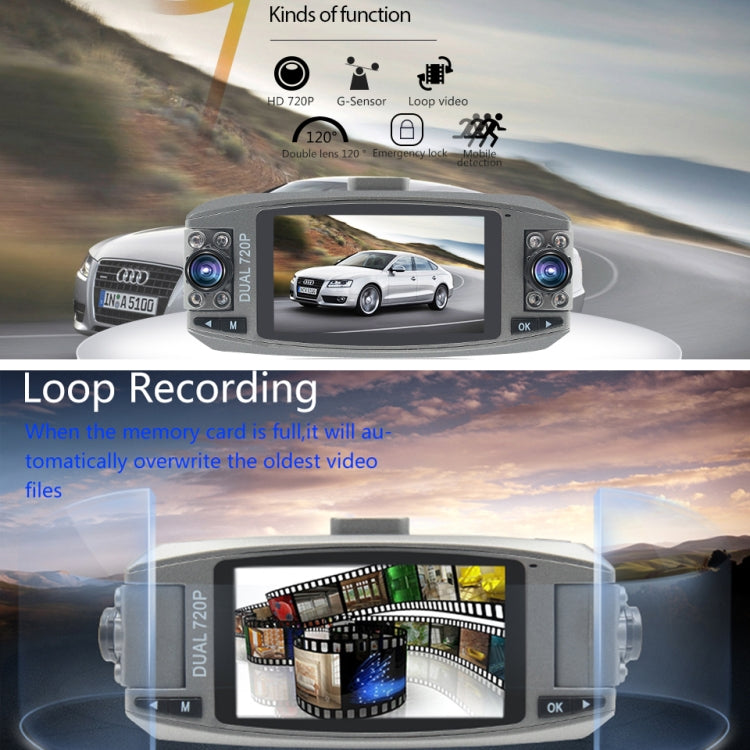 F80 2.7 inch LCD Screen Car Recorder, Dual 120 Degree Wide Angle Viewing, Support Night Vision / Loop Video / Motion Detection / G-Sensor / TF Card