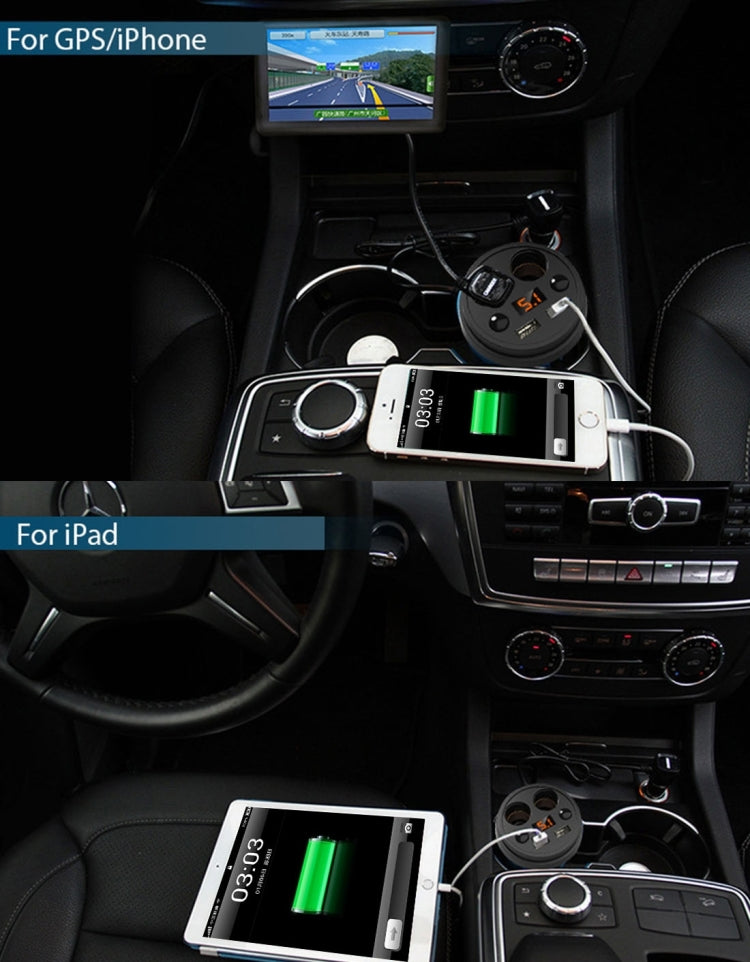 2 in 1 Double Car Cigarette Lighter + 3.1A Dual USB Port Quick Charge Cup Shaped Car Charger with LED Screen Charging voltage Display for Smartphones & Tablets & PSP & PDA & GPS & MP3 & MP4 and other USB-charged Devices