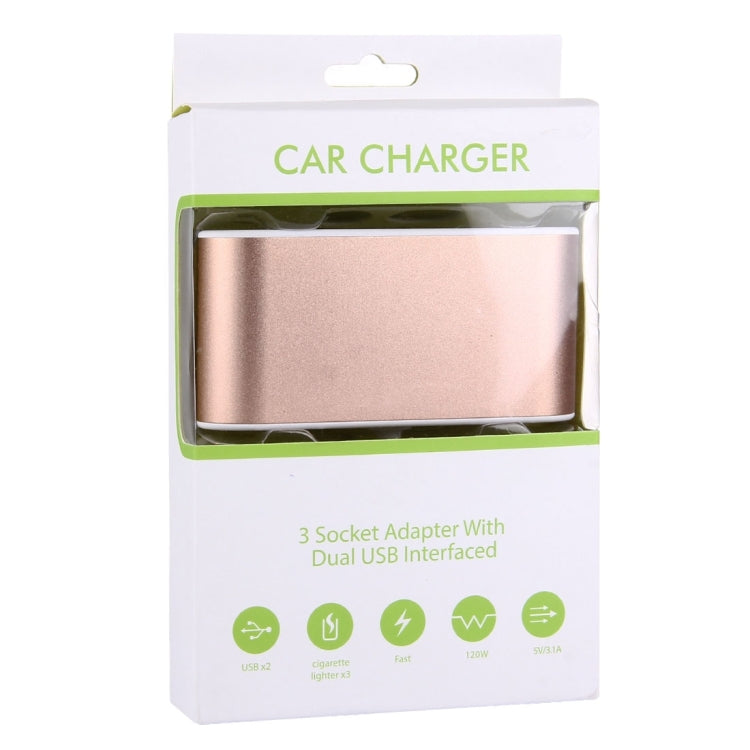 Aluminum Shell 120W 3 Sockets Car Cigarette Lighter Car Charger with 3.1A Dual USB Ports