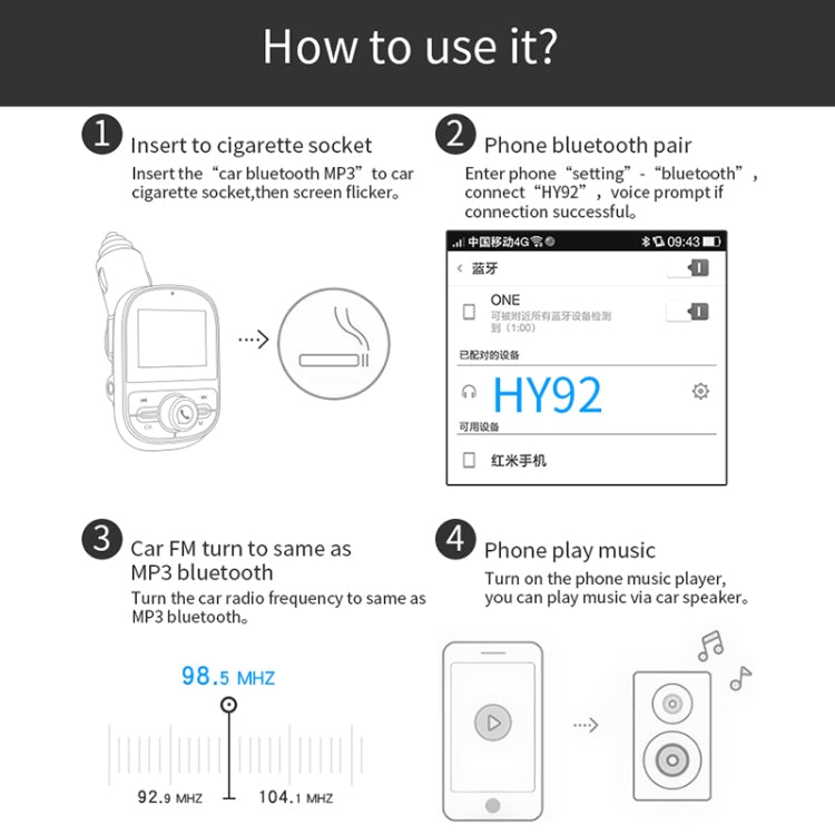 HY92 Dual USB Charging Smart Bluetooth FM Transmitter MP3 Music Player Car Kit with 1.44 inch LCD Screen, Support Bluetooth Call, TF Card & U Disk