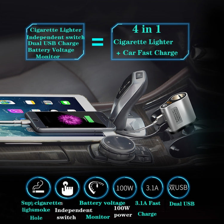 HSC-119D Car Charger 3.1A DC5.0 100W Dual USB Ports Car 12V-24V Charger 4 in 1 Cigarette Lighter Car Charger with Voltage Detection Car Charger Dual USB Fast Charge