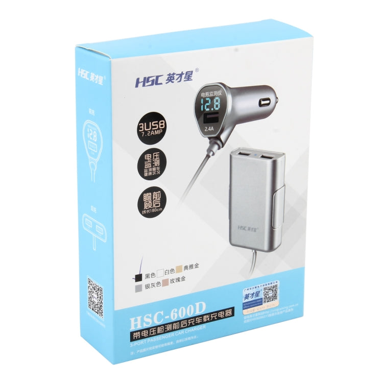 HSC-600D 3USB 7.2AMP DC 5V 2.4A and 4.8A 3-Port Passenger Car Charger Mounted Before and After Charging with Voltage, Cable Length: 1.8m