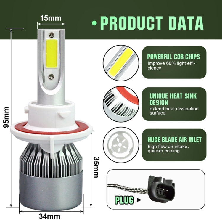 2pcs H13 18W 1800LM 6000K Waterproof IP68 Car Auto LED Headlight with 2 COB LED Lamps, DC 9-36V(White Light)
