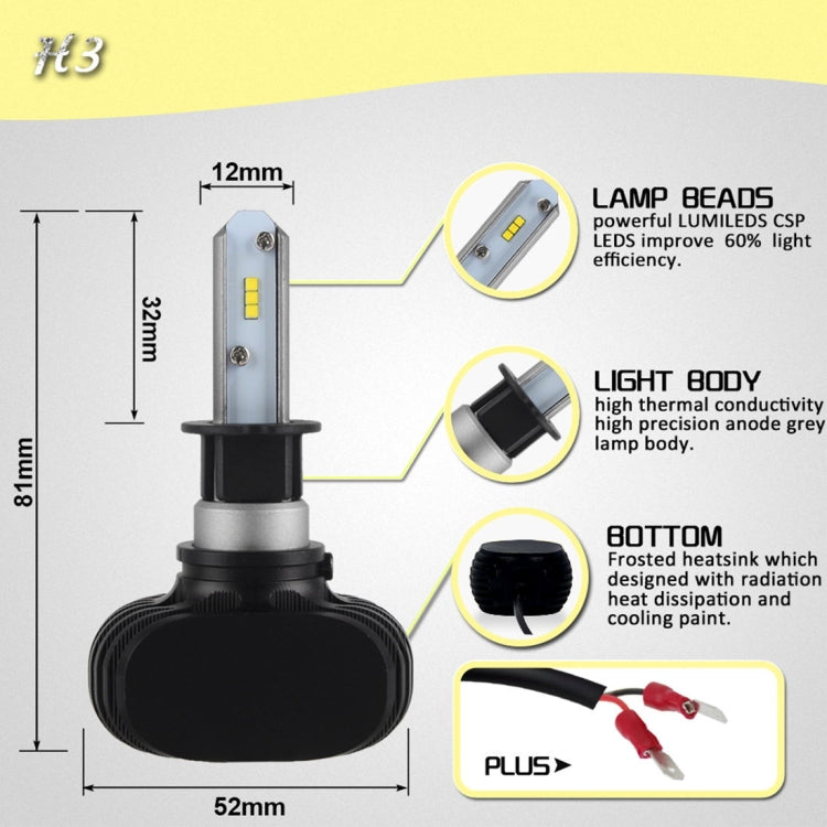 2 PCS H3 IP65 Waterproof White Light 6 CSP LED Car Headlight Bulb,  9-36V / 18W, 6000K / 2000LM