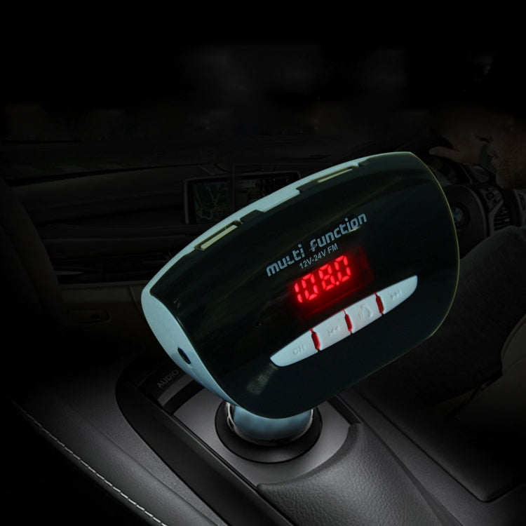 DC 12-24V Safety Wireless Hands-free Car Kit FM Modulator Line-in & Bluetooth & AUX-in & USB Support LED Digital Display with 3.5mm Audio Port and 2 Ports USB Charger