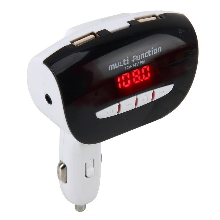 DC 12-24V Safety Wireless Hands-free Car Kit FM Modulator Line-in & Bluetooth & AUX-in & USB Support LED Digital Display with 3.5mm Audio Port and 2 Ports USB Charger