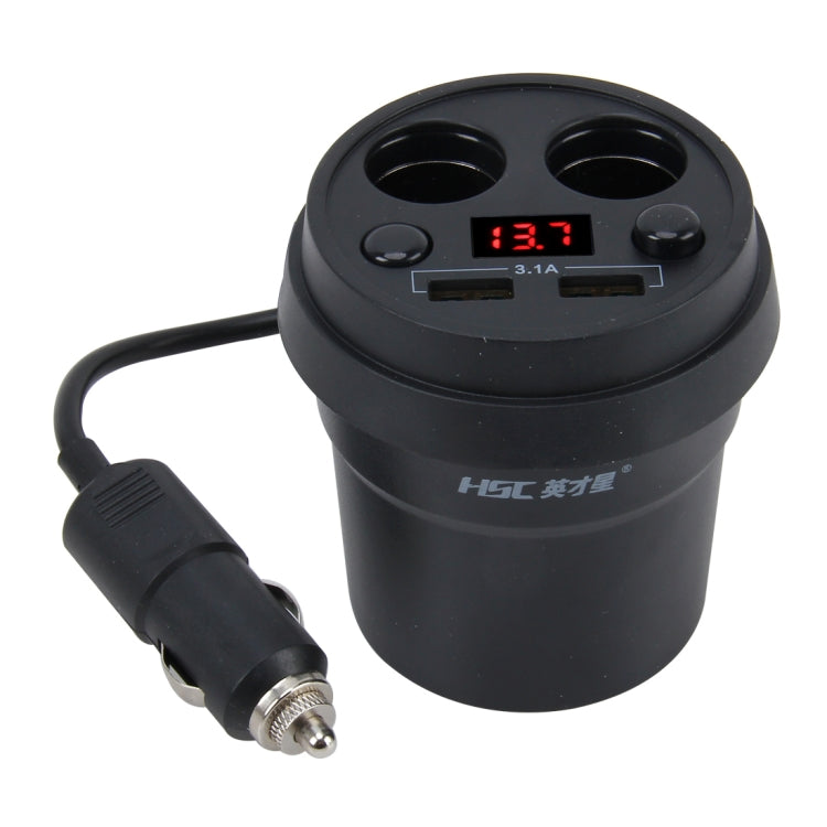HSC YC-33 Car Cup Charger 3.1A Dual USB Ports Car 12V-24V Double Switch Charger with 2-Socket Cigarette and Voltage Monitoring(Black)