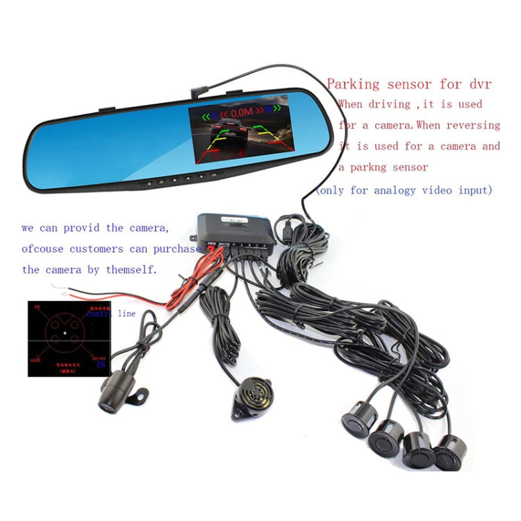 PZ621 4.3 inch LCD Rear View Mirror Car Recorder with Parking Rear Camera + 4 Rear Radar + Parking Sensor
