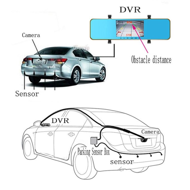 PZ621 4.3 inch LCD Rear View Mirror Car Recorder with Parking Rear Camera + 4 Rear Radar + Parking Sensor