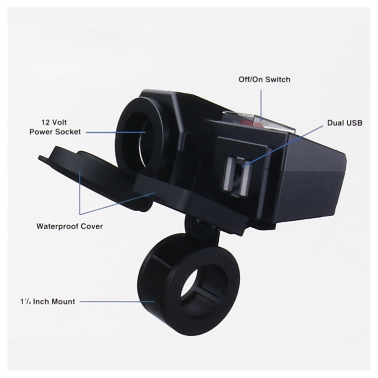 5V/12V Motorcycle Waterproof Handlebar Clamp Dual USB Car Cigarette Lighter Socket Power Adapter Charger, for Phones/Tablets/GPS
