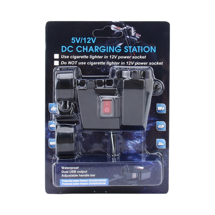 5V/12V Motorcycle Waterproof Handlebar Clamp Dual USB Car Cigarette Lighter Socket Power Adapter Charger, for Phones/Tablets/GPS