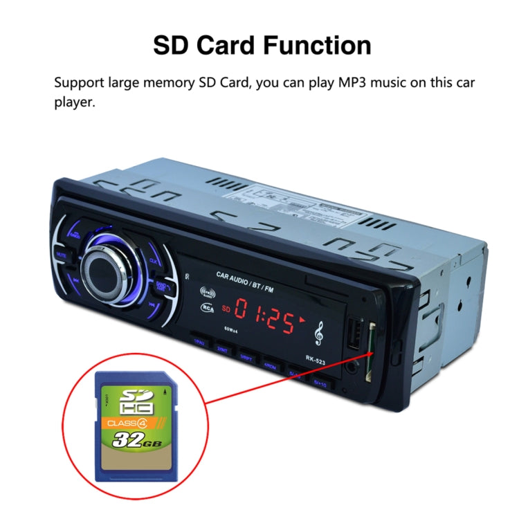RK-523 Wireless Bluetooth Car Stereo Receiver Audio MP3 Player, with USB Port, SD Card Slot, AUX in and FM