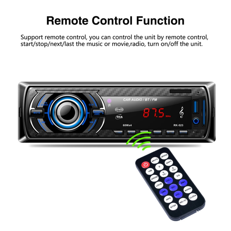 RK-523 Wireless Bluetooth Car Stereo Receiver Audio MP3 Player, with USB Port, SD Card Slot, AUX in and FM