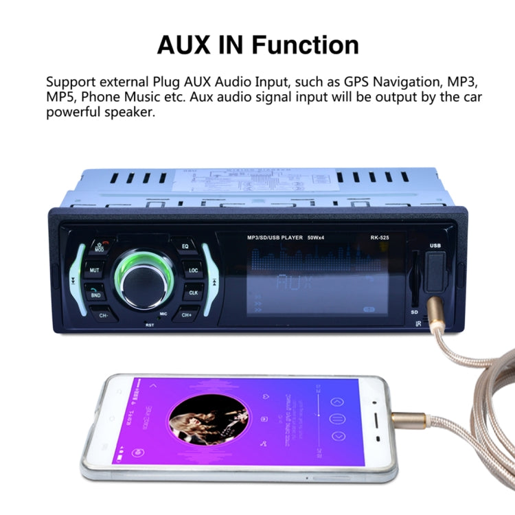 RK-525 Wireless Bluetooth Audio MP3 Player Car Stereo Receiver, with USB Port, TF Card Slot, AUX in, 7 Color Backlight and FM