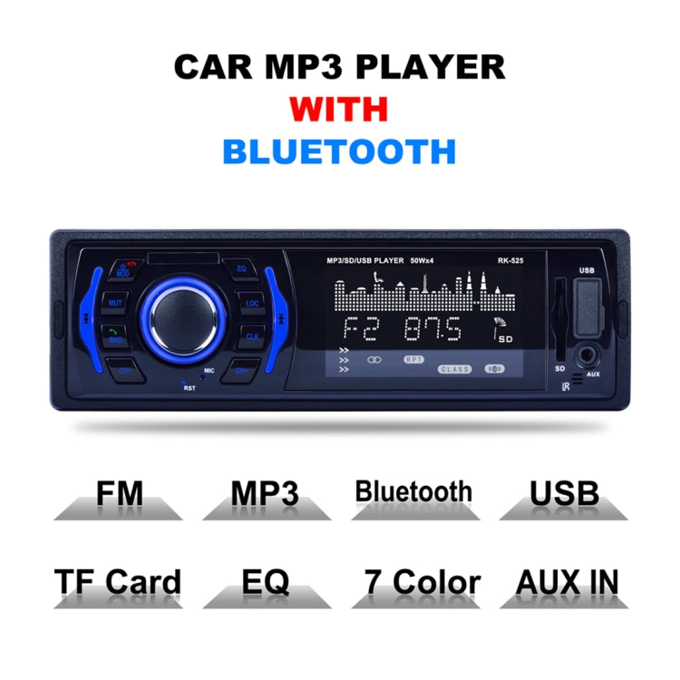 RK-525 Wireless Bluetooth Audio MP3 Player Car Stereo Receiver, with USB Port, TF Card Slot, AUX in, 7 Color Backlight and FM