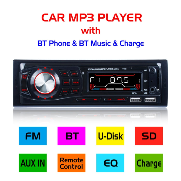 1132 Single Din Car Audio FM Radio Stereo Receiver Bluetooth MP3 Player, Support USB / SD Card / AUX, with Remote Control
