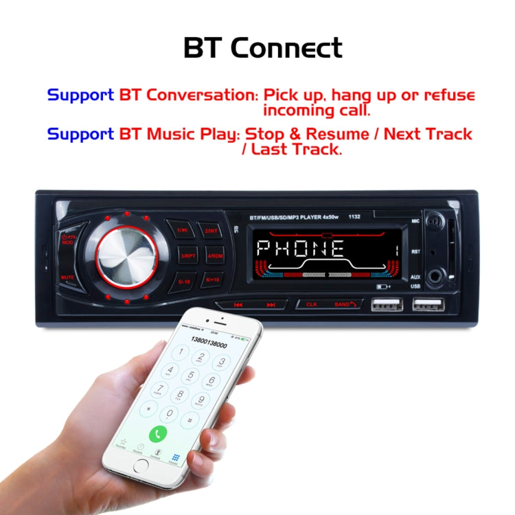 1132 Single Din Car Audio FM Radio Stereo Receiver Bluetooth MP3 Player, Support USB / SD Card / AUX, with Remote Control