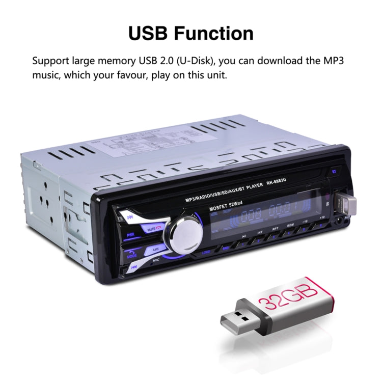RK-6883U Single Din Car Audio FM Radio Stereo Receiver Bluetooth MP3 Player, Support USB / SD Card / AUX, with Detachable Panel