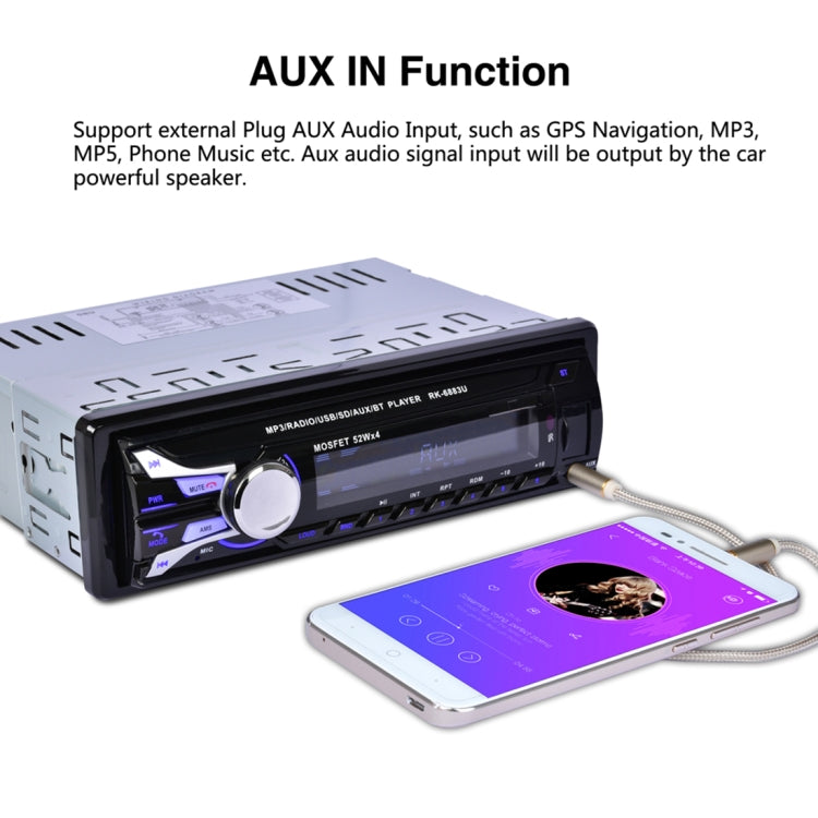 RK-6883U Single Din Car Audio FM Radio Stereo Receiver Bluetooth MP3 Player, Support USB / SD Card / AUX, with Detachable Panel
