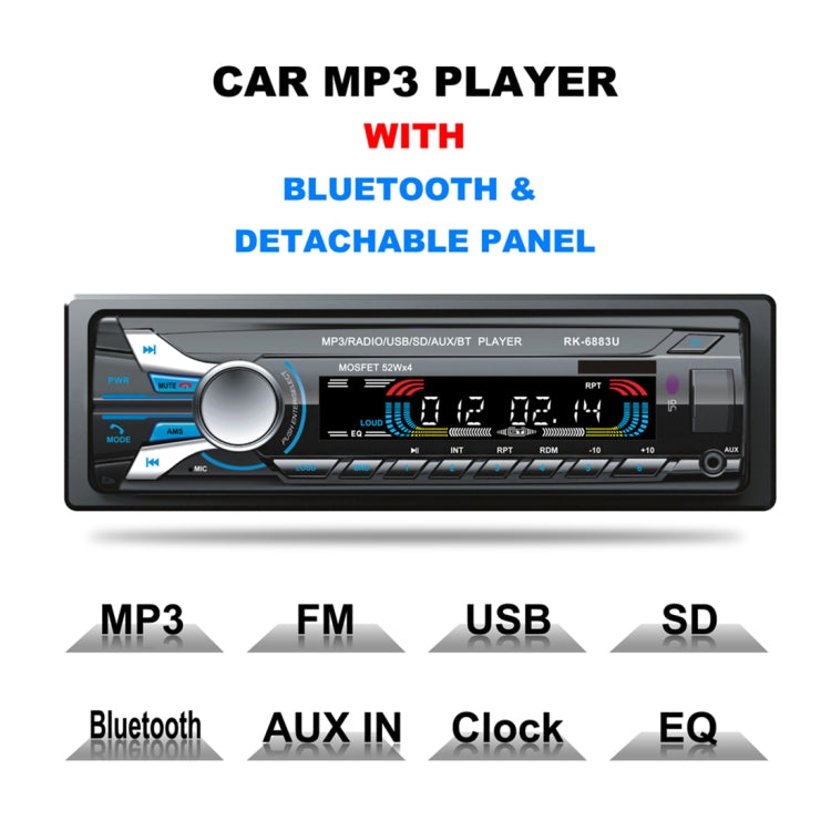 RK-6883U Single Din Car Audio FM Radio Stereo Receiver Bluetooth MP3 Player, Support USB / SD Card / AUX, with Detachable Panel