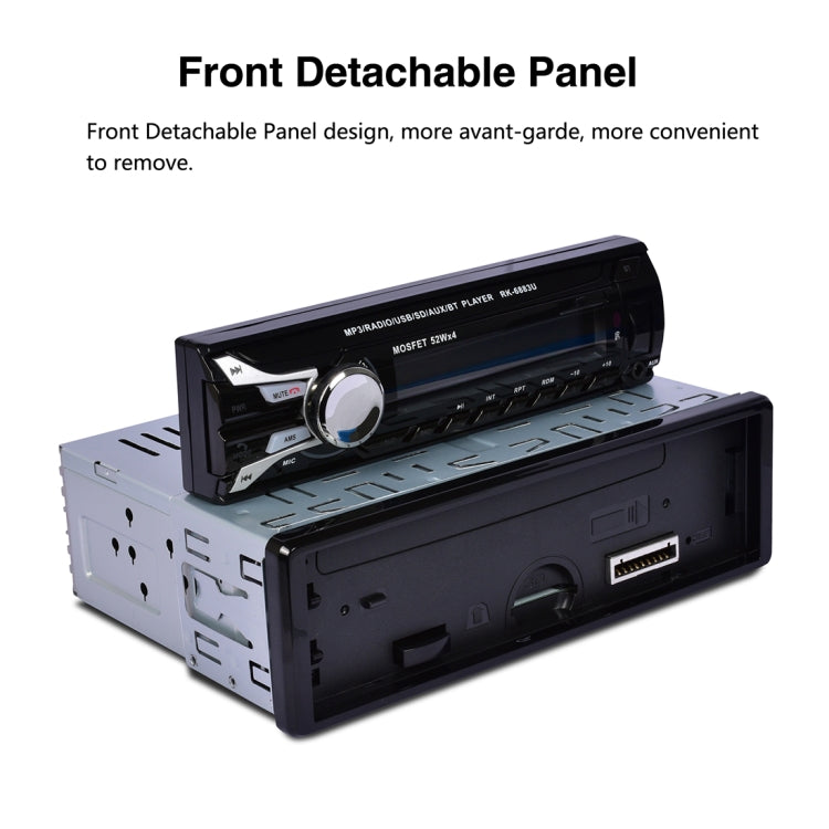 RK-6883U Single Din Car Audio FM Radio Stereo Receiver Bluetooth MP3 Player, Support USB / SD Card / AUX, with Detachable Panel