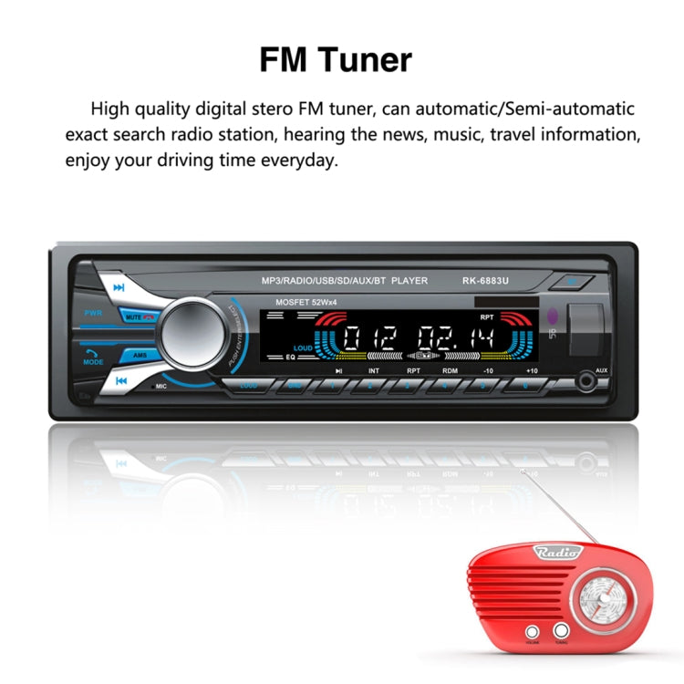 RK-6883U Single Din Car Audio FM Radio Stereo Receiver Bluetooth MP3 Player, Support USB / SD Card / AUX, with Detachable Panel