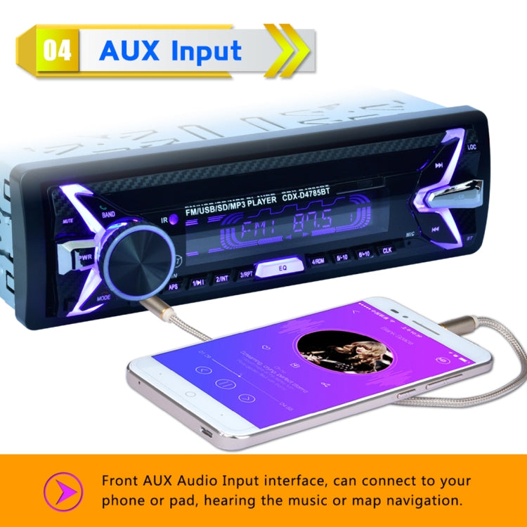 D4785 Car Audio FM Radio Stereo Receiver Bluetooth Call Music MP3 Player, Support USB / SD Card / AUX, with 7 Colors Light