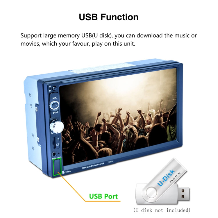 7025D 7 inch HD Touchscreen Double Din Stereo Car Receiver MP5 Player, with Bluetooth/FM/USB/TF, Support Rear View