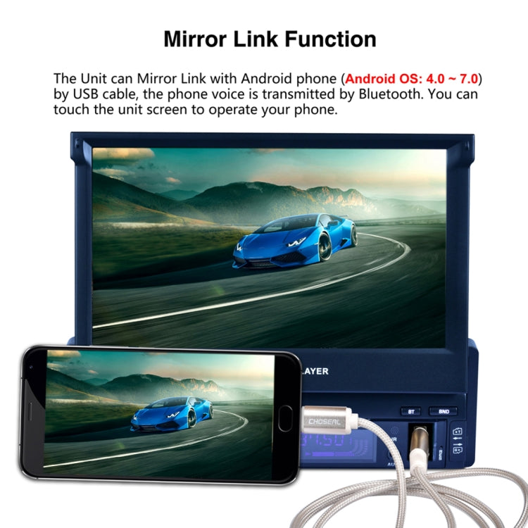 RK-7158B Single Din Auto Retractable Screen 7 inch 1080P HD Car Stereo Radio MP5 FM Player In-Dash Head Unit, with Bluetooth / AUX / Rear View