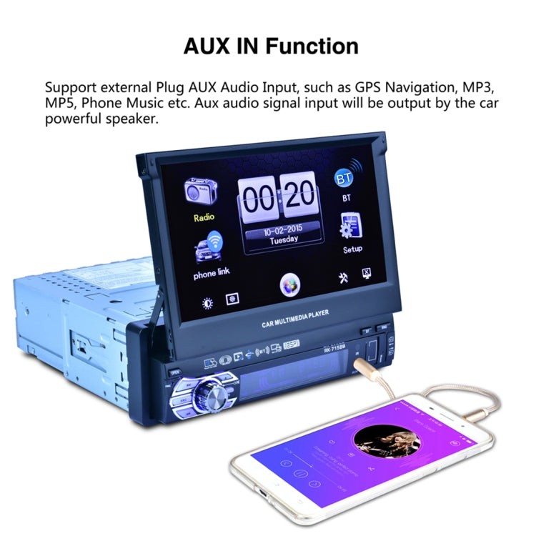 RK-7158B Single Din Auto Retractable Screen 7 inch 1080P HD Car Stereo Radio MP5 FM Player In-Dash Head Unit, with Bluetooth / AUX / Rear View