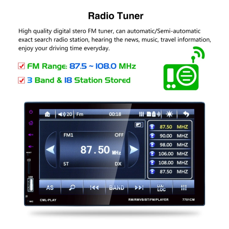 7701 7 inch 1080P HD Touchscreen Double Din Stereo Car Receiver MP5 Player, Link with Android Phone, Support Bluetooth / USB / TF / FM / Rear View / DVR In