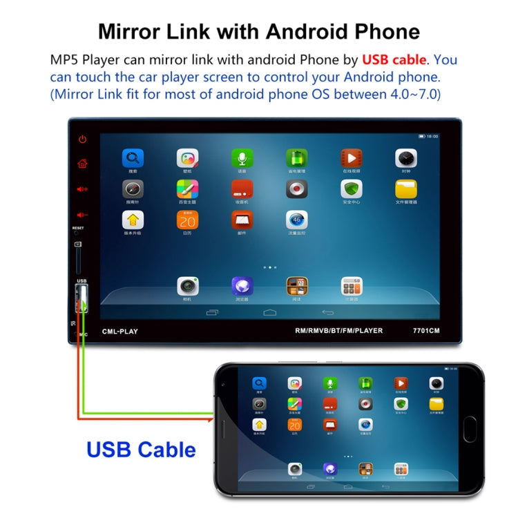 7701 7 inch 1080P HD Touchscreen Double Din Stereo Car Receiver MP5 Player, Link with Android Phone, Support Bluetooth / USB / TF / FM / Rear View / DVR In