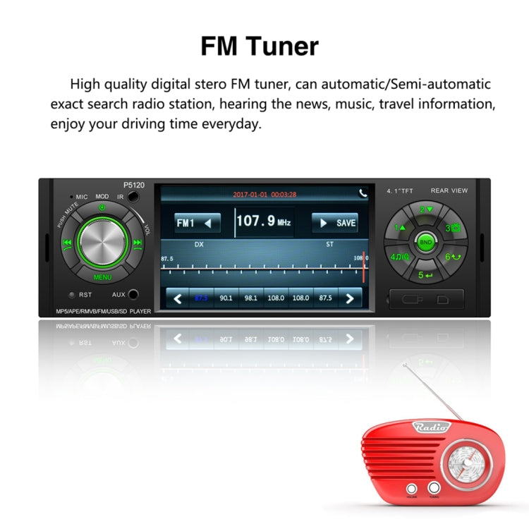 P5120 Single Din 4.1 inch HD Digital Car Stereo Radio MP5 Audio Player, Support FM / Bluetooth / USB / TF / Rear View / Steering Wheel Controls