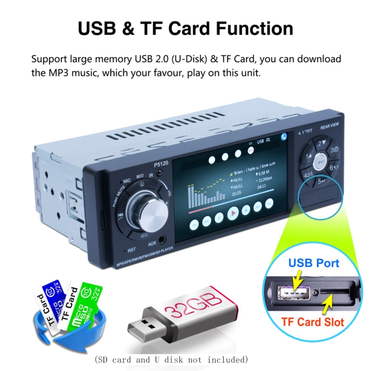 P5120 Single Din 4.1 inch HD Digital Car Stereo Radio MP5 Audio Player, Support FM / Bluetooth / USB / TF / Rear View / Steering Wheel Controls