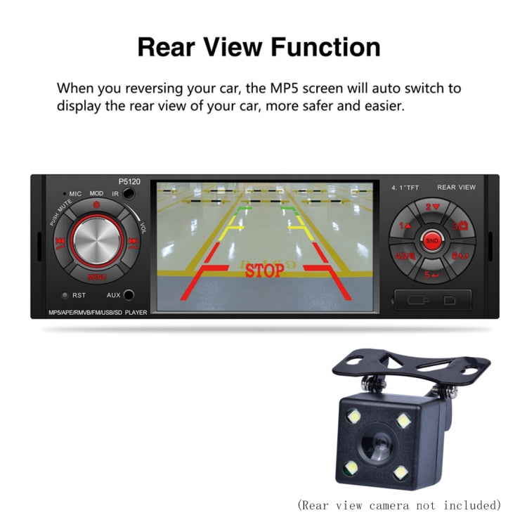 P5120 Single Din 4.1 inch HD Digital Car Stereo Radio MP5 Audio Player, Support FM / Bluetooth / USB / TF / Rear View / Steering Wheel Controls
