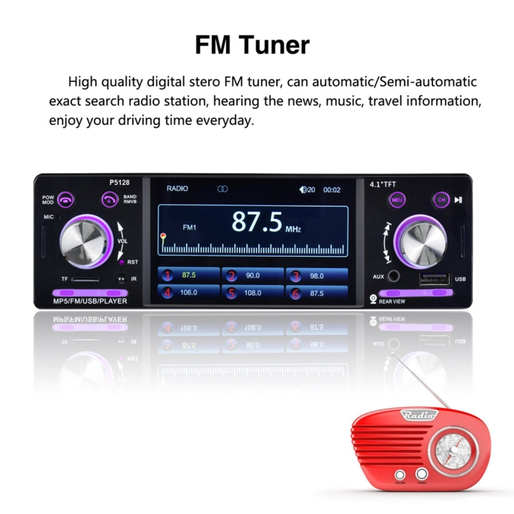 P5128 Single Din 4.1 inch HD Digital Car Stereo Radio MP5 Audio Player, Support FM / Bluetooth / USB / TF / Rear View / AUX