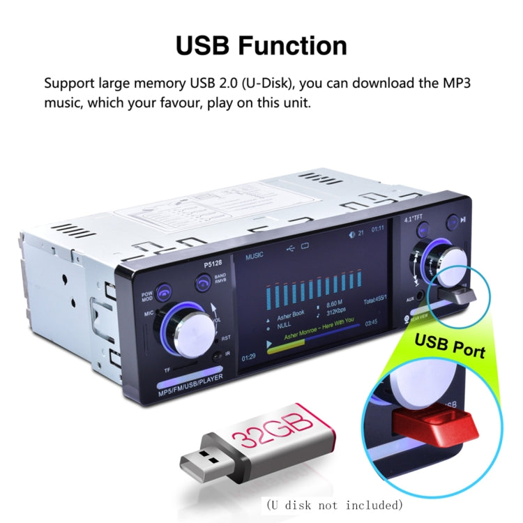 P5128 Single Din 4.1 inch HD Digital Car Stereo Radio MP5 Audio Player, Support FM / Bluetooth / USB / TF / Rear View / AUX