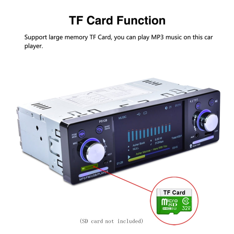 P5128 Single Din 4.1 inch HD Digital Car Stereo Radio MP5 Audio Player, Support FM / Bluetooth / USB / TF / Rear View / AUX