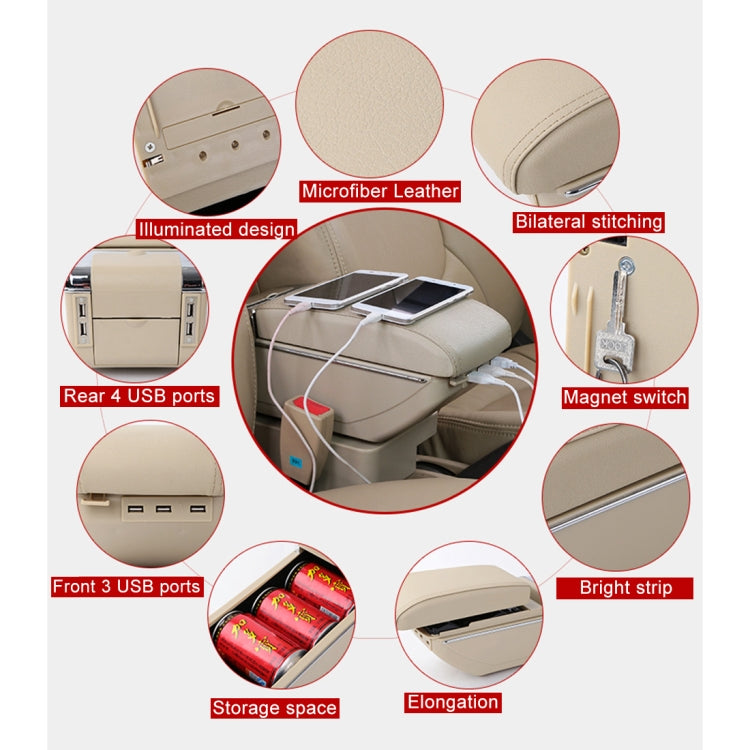 7 USB Ports Car ABS + Leather Wrapped Armrest Box Storage Organizer Auto Cup Holder Accessories for KIA K2 2015 / 2017 Year