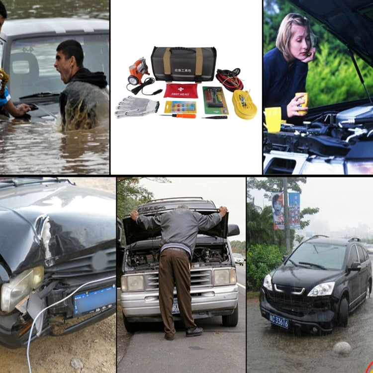 First Secure Roadside Emergency Car and Truck Kit with Safety Tools and Accessories Bag: Jumper Cables for Battery Auto Air Compressor First Aid 3mÃ—4cm 2 Tone Tow Rope Triangle Flashlight Survival Assistance