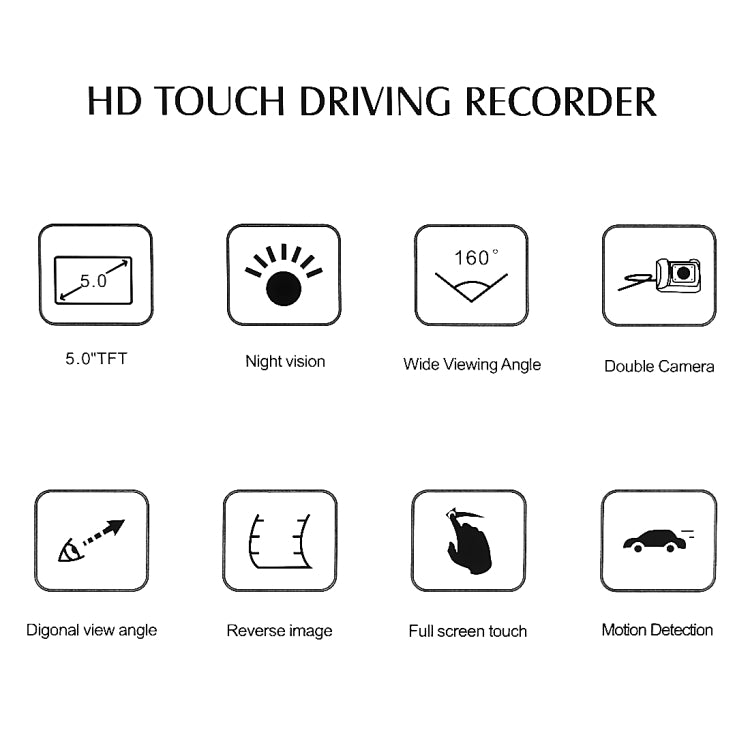 5.0 Mega Pixels 160 Degrees Wide Angle Full HD 1080P Touch Button Video Car DVR, Support TF Card (32GB Max) / Motion Detection